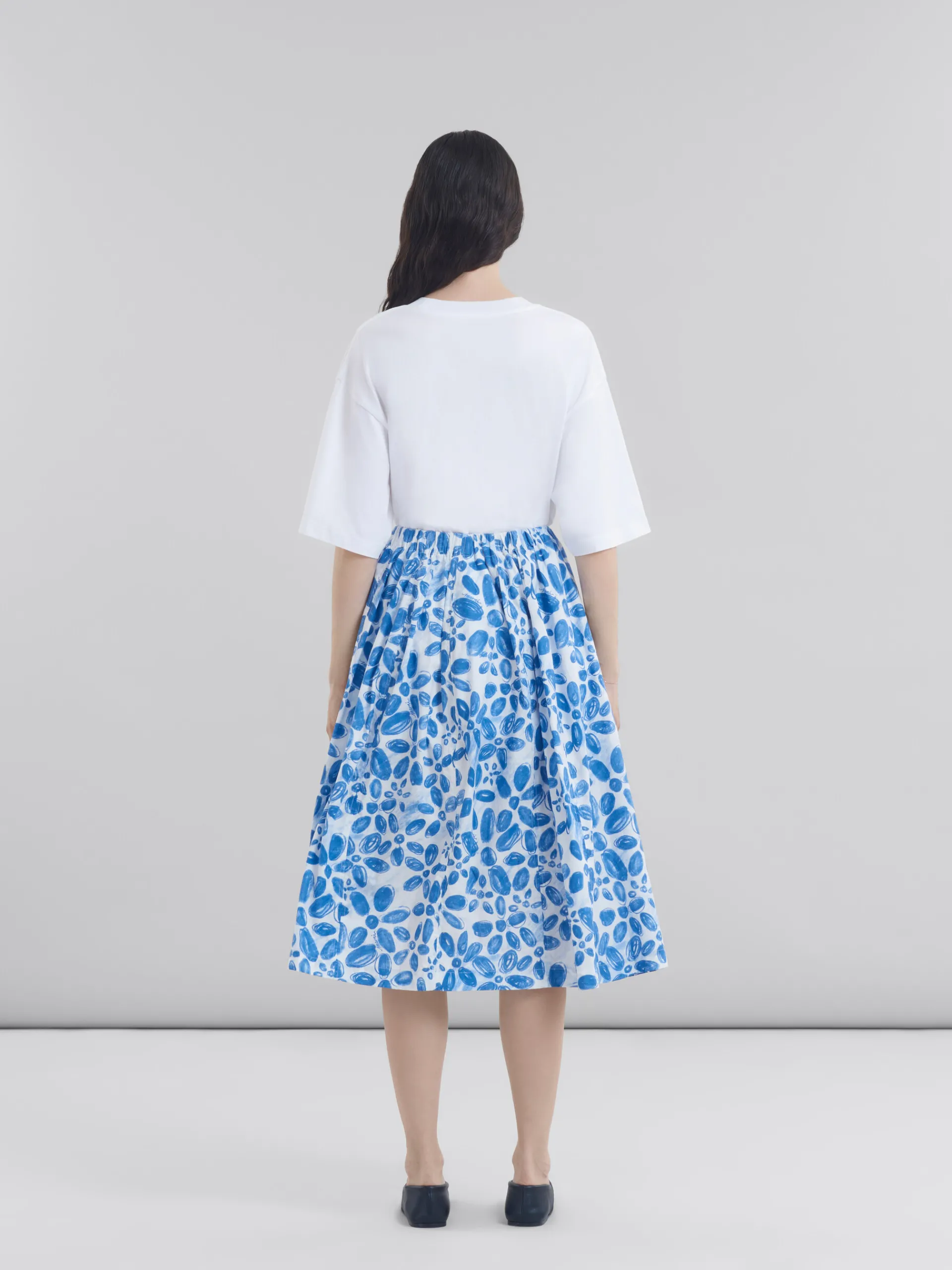 Matching Sets | Skirts>Marni White Poplin Elasticated Midi Skirt With Blooming Print IRISBLUE