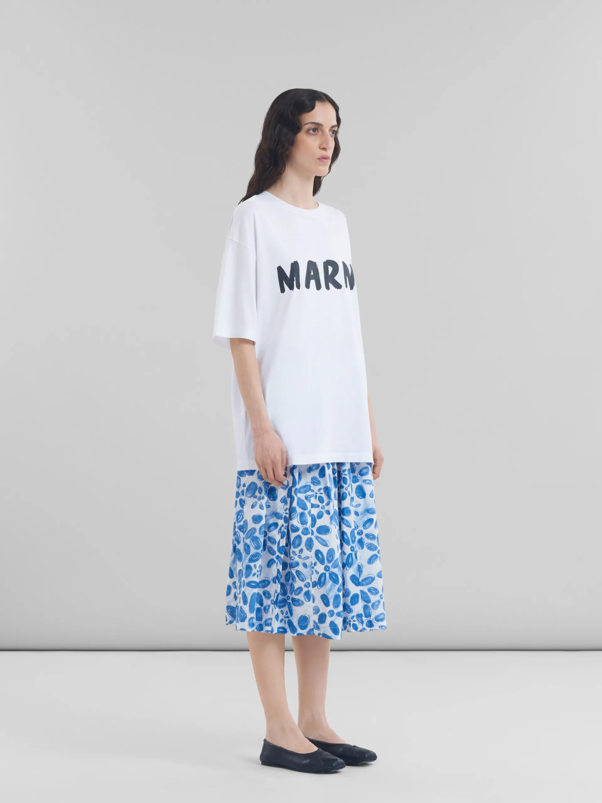 Matching Sets | Skirts>Marni White Poplin Elasticated Midi Skirt With Blooming Print IRISBLUE