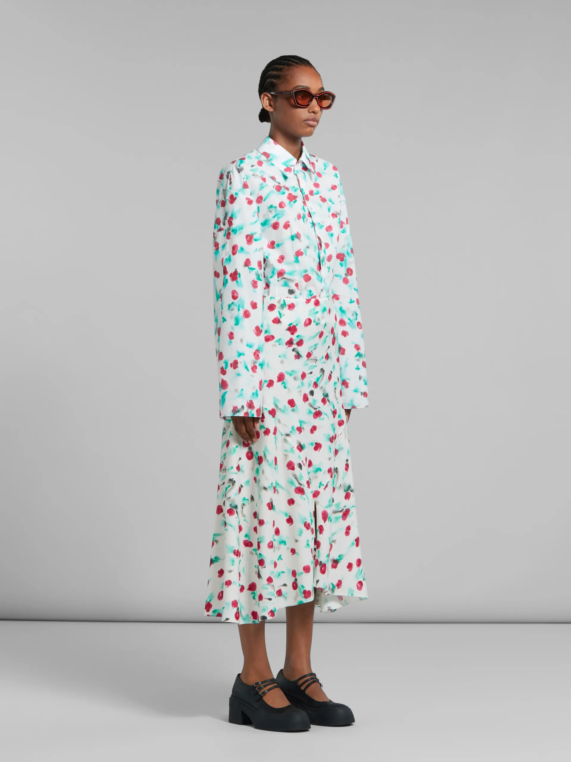 Tops & T-Shirts>Marni White Poplin Gathered Shirt With Reverie Print LILYWHITE