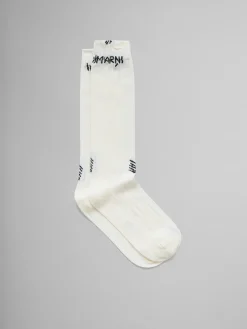 Socks>Marni White Ribbed Cotton Socks With Mending ALABASTER