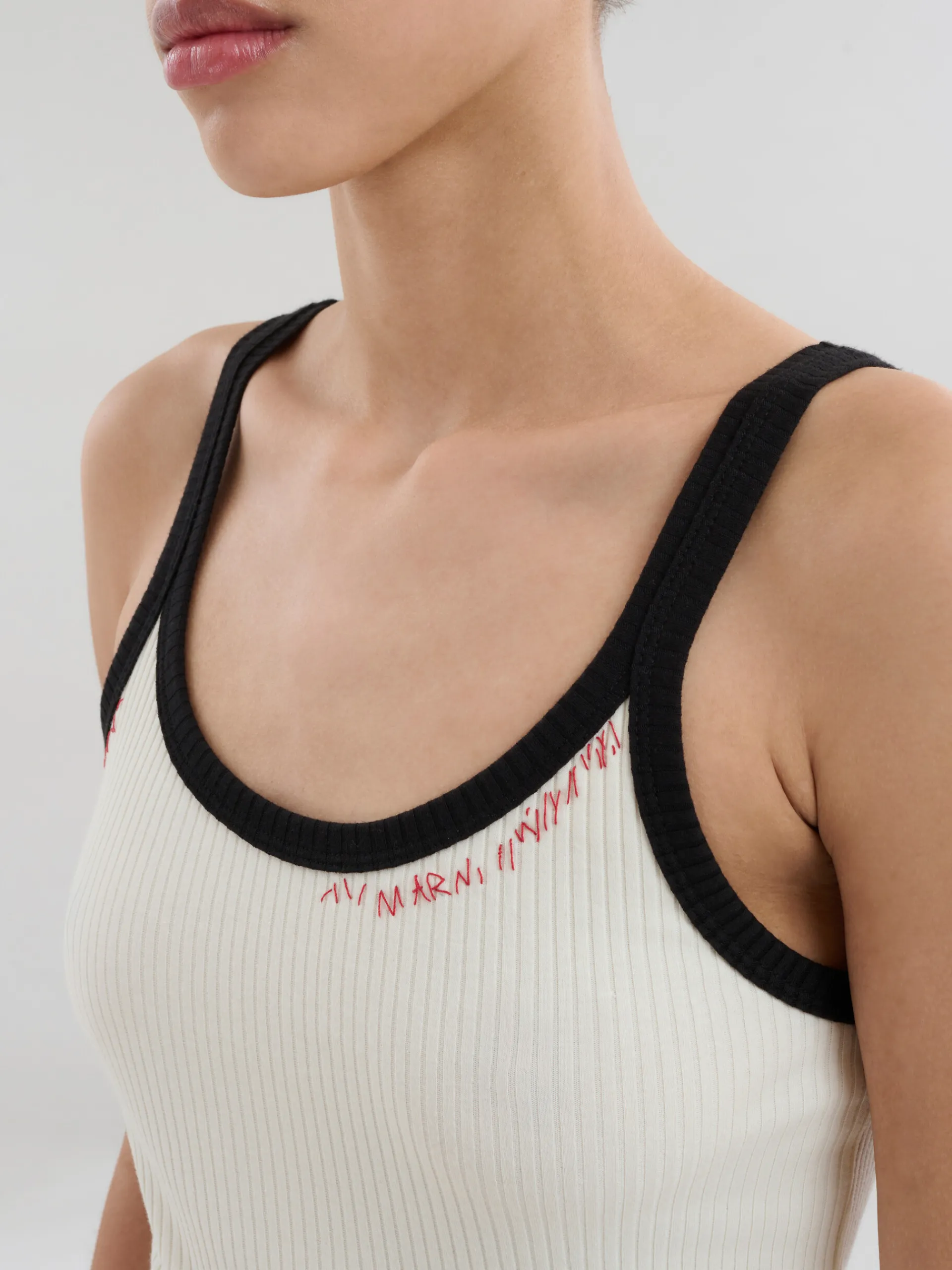 Tops & T-Shirts>Marni White Ribbed Cotton Tank Top With Mending ANTIQUEWHITE